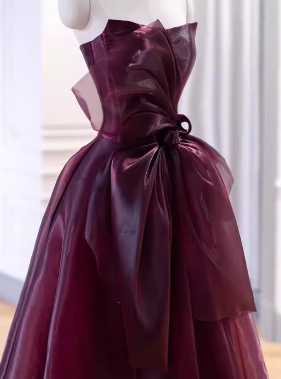 Elegant Burgundy Strapless Organza Ballgown Formal Evening Gown Bow Detail Prom Dress DP7711