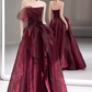 Elegant Burgundy Strapless Organza Ballgown Formal Evening Gown Bow Detail Prom Dress DP7711