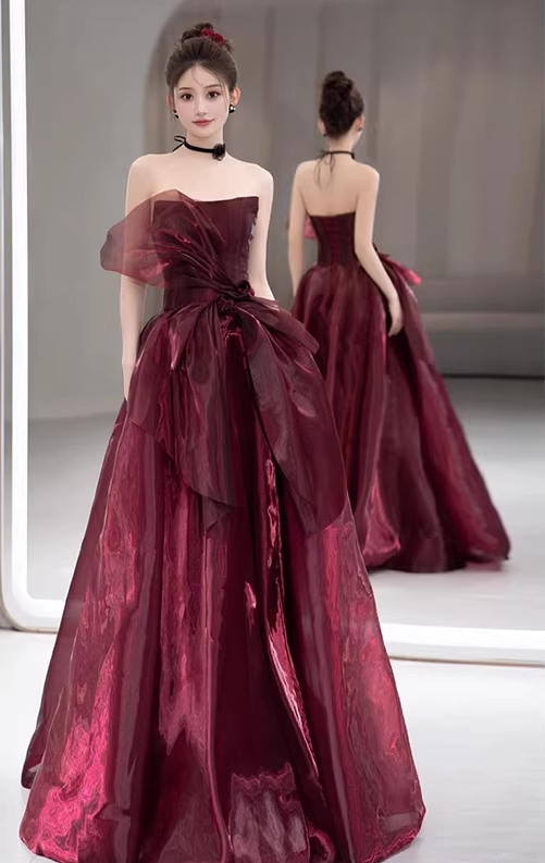 Elegant Burgundy Strapless Organza Ballgown Formal Evening Gown Bow Detail Prom Dress DP7711