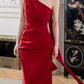 Elegant Crimson Satin One-Shoulder Mermaid Prom Dress DP7712