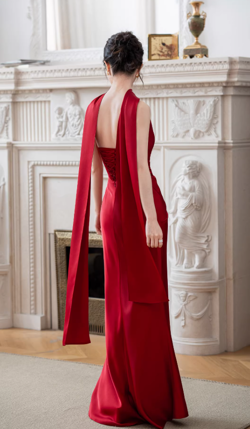 Elegant Crimson Satin One-Shoulder Mermaid Prom Dress DP7712