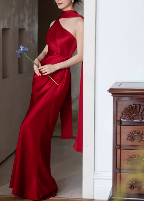 Elegant Crimson Satin One-Shoulder Mermaid Prom Dress DP7712