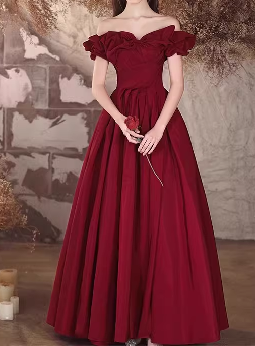 Vintage Burgundy Off-Shoulder Ruffled Sweet 16 Quinceanera Ball Gown DP7715