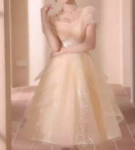 Elegant Champagne Sequin Tulle Evening Gown Sweetheart Sheer Cap Sleeves Prom Dress DP7716