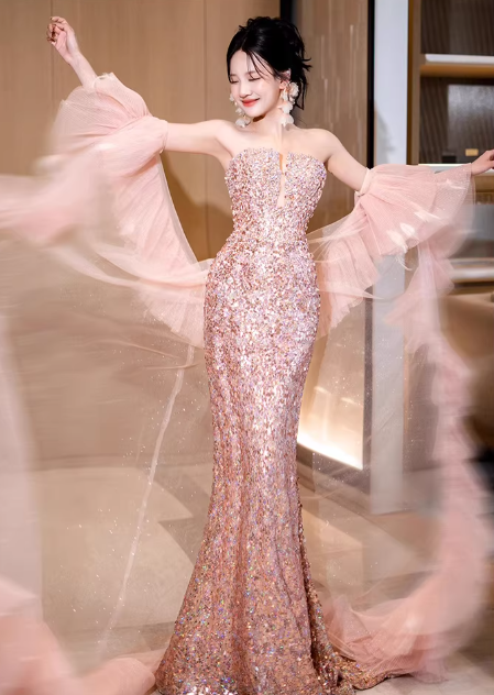 Elegant Pink Sequin Strapless Evening Gown Mermaid Prom Dress DP7717