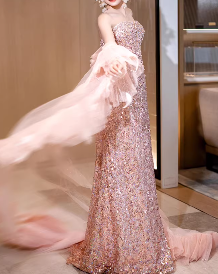 Elegant Pink Sequin Strapless Evening Gown Mermaid Prom Dress DP7717