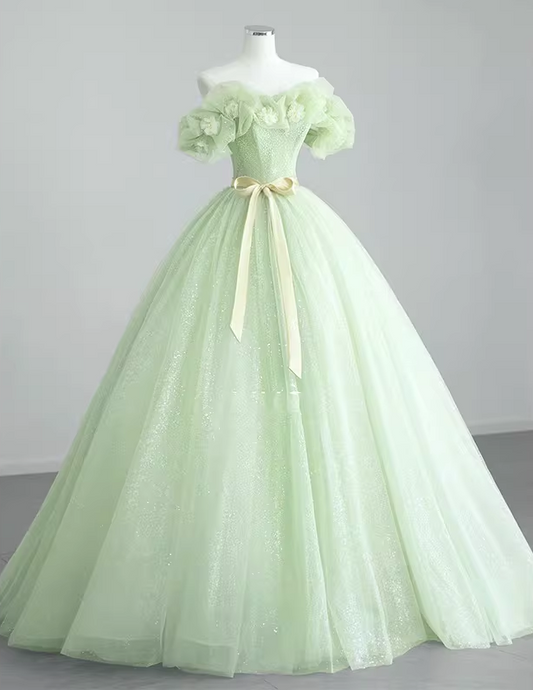 Vintage Light Green Sequin Tulle Off-Shoulder 3D Flower Bow Belt Sweet 16 Quinceanera Ball Gown DP7718