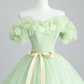 Vintage Light Green Sequin Tulle Off-Shoulder 3D Flower Bow Belt Sweet 16 Quinceanera Ball Gown DP7718