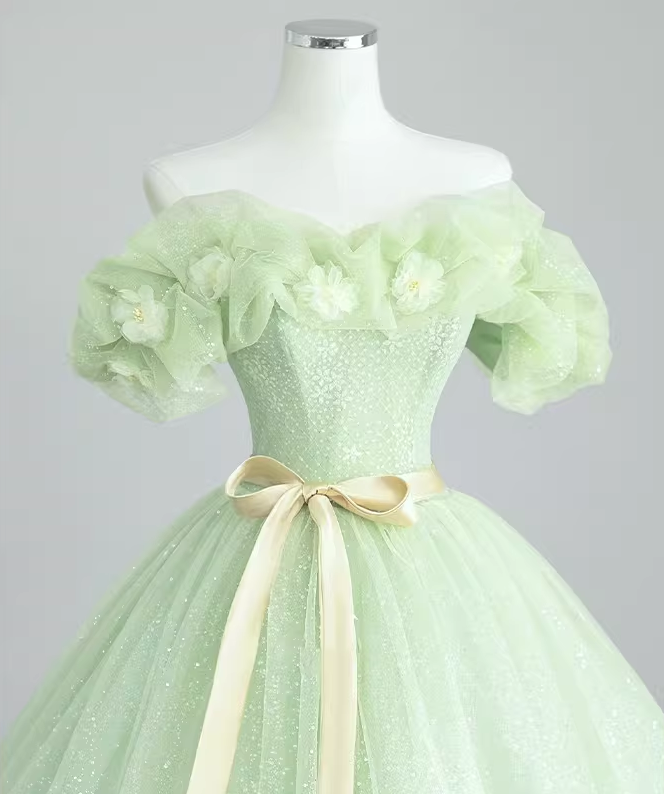 Vintage Light Green Sequin Tulle Off-Shoulder 3D Flower Bow Belt Sweet 16 Quinceanera Ball Gown DP7718