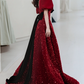 Vintage Crimson Sequin Puff Velvet Sleeves & Black Bow Sweet 16 Quinceanera Ball Gown DP7719