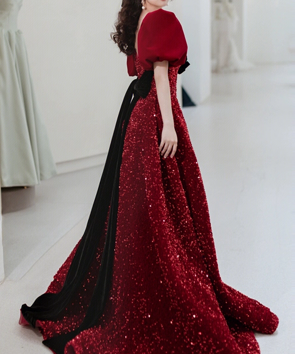 Vintage Crimson Sequin Puff Velvet Sleeves & Black Bow Sweet 16 Quinceanera Ball Gown DP7719
