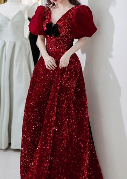 Vintage Crimson Sequin Puff Velvet Sleeves & Black Bow Sweet 16 Quinceanera Ball Gown DP7719