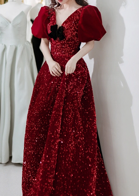 Vintage Crimson Sequin Puff Velvet Sleeves & Black Bow Sweet 16 Quinceanera Ball Gown DP7719