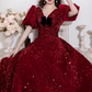 Vintage Crimson Sequin Puff Velvet Sleeves & Black Bow Sweet 16 Quinceanera Ball Gown DP7719