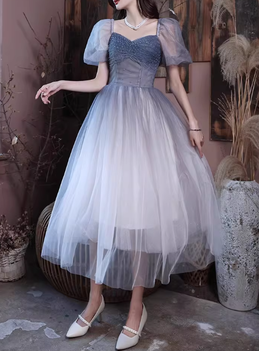 Elegant Ombre Blue-to-Grey Tulle Tea-Length Beaded Bodice Sheer Puff Sleeves Prom Dress DP7722