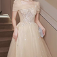 Elegant Champagne Sequin Tulle Tea-Length Gown Square Neck & Beaded Bodice Prom Dress DP7725