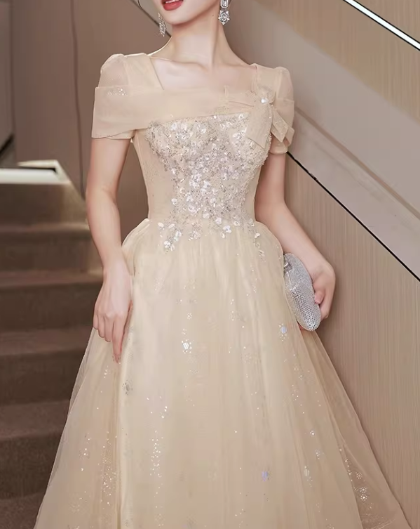 Elegant Champagne Sequin Tulle Tea-Length Gown Square Neck & Beaded Bodice Prom Dress DP7725