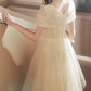 Elegant Champagne Sequin Tulle Tea-Length Gown Square Neck & Beaded Bodice Prom Dress DP7725