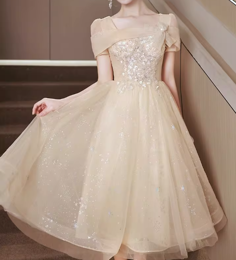 Elegant Champagne Sequin Tulle Tea-Length Gown Square Neck & Beaded Bodice Prom Dress DP7725