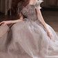 Elegant Silver Grey Sequin Tulle Off-Shoulder Ruffled Sleeves Beaded Bodice Prom Dress DP7727
