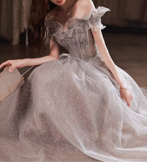 Elegant Silver Grey Sequin Tulle Off-Shoulder Ruffled Sleeves Beaded Bodice Prom Dress DP7727