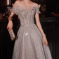 Elegant Silver Grey Sequin Tulle Off-Shoulder Ruffled Sleeves Beaded Bodice Prom Dress DP7727