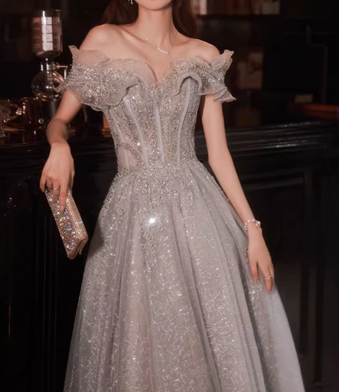 Elegant Silver Grey Sequin Tulle Off-Shoulder Ruffled Sleeves Beaded Bodice Prom Dress DP7727