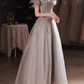 Elegant Silver Grey Sequin Tulle Off-Shoulder Ruffled Sleeves Beaded Bodice Prom Dress DP7727