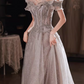 Elegant Silver Grey Sequin Tulle Off-Shoulder Ruffled Sleeves Beaded Bodice Prom Dress DP7727