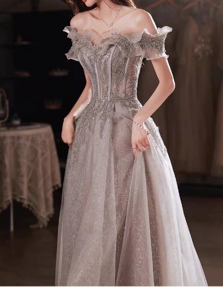 Elegant Silver Grey Sequin Tulle Off-Shoulder Ruffled Sleeves Beaded Bodice Prom Dress DP7727