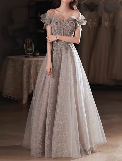 Elegant Silver Grey Sequin Tulle Off-Shoulder Ruffled Sleeves Beaded Bodice Prom Dress DP7727