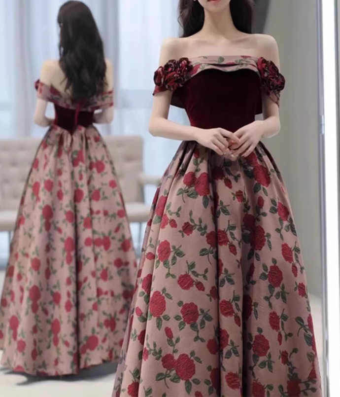 Elegant Burgundy Rose Print Off-Shoulder Velvet Bodice 3D Flower Sweet 16 Quinceanera Ball Gown DP7730