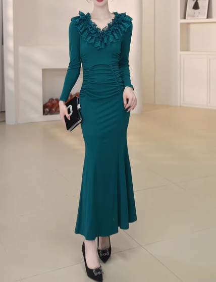 Elegant Teal Mermaid Evening Gown Ruffled Lace V-Neck Long Sleeves Prom Dress DP7731