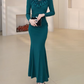 Elegant Teal Mermaid Evening Gown Ruffled Lace V-Neck Long Sleeves Prom Dress DP7731