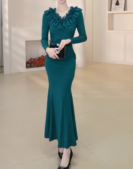Elegant Teal Mermaid Evening Gown Ruffled Lace V-Neck Long Sleeves Prom Dress DP7731