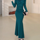 Elegant Teal Mermaid Evening Gown Ruffled Lace V-Neck Long Sleeves Prom Dress DP7731