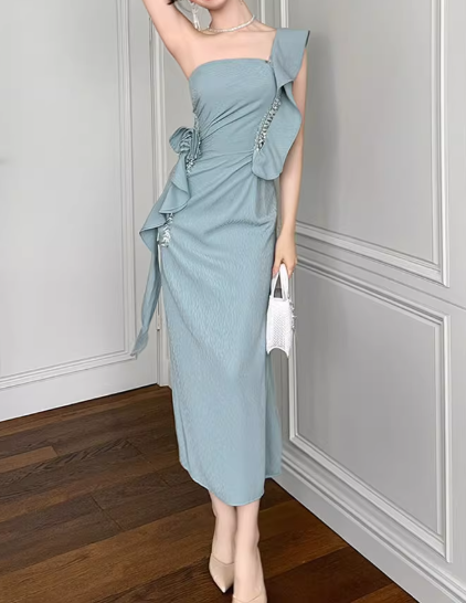 Elegant Light Blue One-Shoulder Ruffled Evening Gown Beaded Prom Dress DP7732