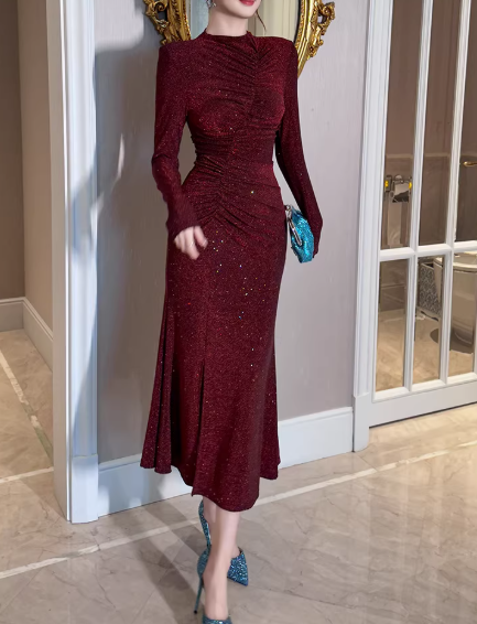 Elegant Burgundy Long-Sleeve Mermaid Evening Gown Sequin Prom Dress DP7733