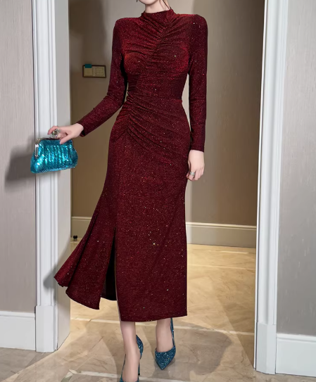 Elegant Burgundy Long-Sleeve Mermaid Evening Gown Sequin Prom Dress DP7733