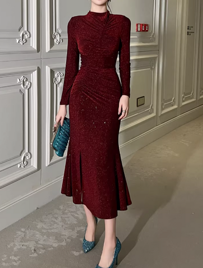 Elegant Burgundy Long-Sleeve Mermaid Evening Gown Sequin Prom Dress DP7733