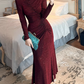 Elegant Burgundy Long-Sleeve Mermaid Evening Gown Sequin Prom Dress DP7733