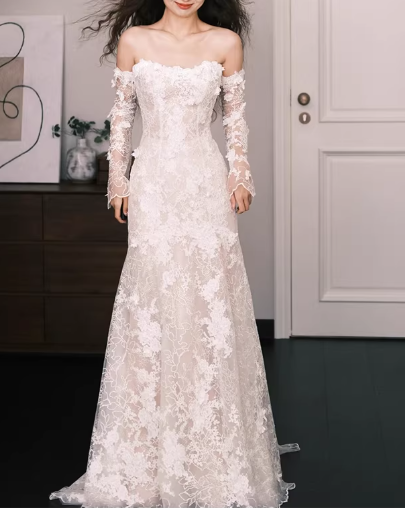 Glamorous Off-the-Shoulder Long-Sleeve Lace A-Line Train Wedding Dress DP7734