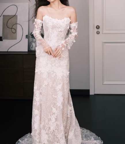 Glamorous Off-the-Shoulder Long-Sleeve Lace A-Line Train Wedding Dress DP7734