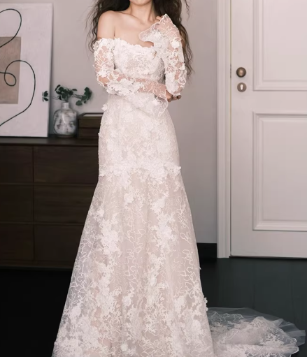 Glamorous Off-the-Shoulder Long-Sleeve Lace A-Line Train Wedding Dress DP7734