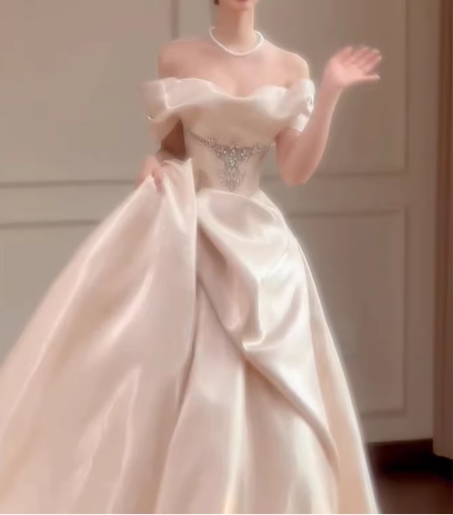 Glamorous Ivory Off-the-Shoulder Satin A-Line Wedding Dress DP7735