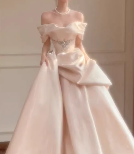 Glamorous Ivory Off-the-Shoulder Satin A-Line Wedding Dress DP7735