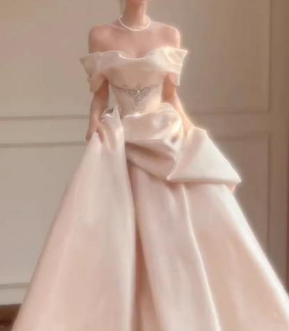 Glamorous Ivory Off-the-Shoulder Satin A-Line Wedding Dress DP7735