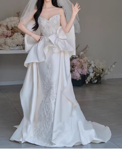 Glamorous Satin Sheath Oversized Bow Beaded Embroidery Wedding Dress DP7736