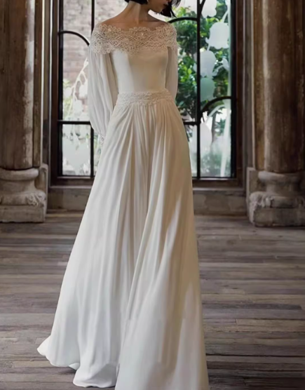 Elegant Off-the-Shoulder Lace Satin Long-Sleeve Pleated A-Line Wedding Dress DP7737