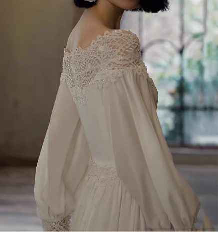 Elegant Off-the-Shoulder Lace Satin Long-Sleeve Pleated A-Line Wedding Dress DP7737